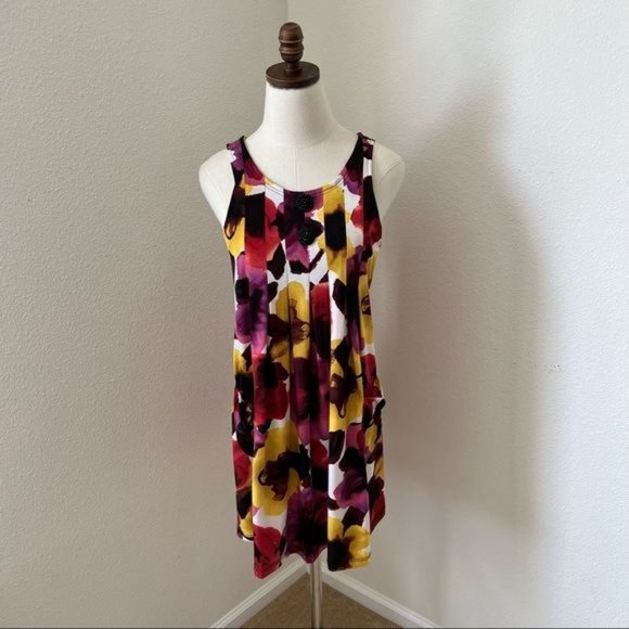 Dress Womens Small Multi-Colored Floral Print Pockets Stretch Sleeveless - Picture 2 of 15